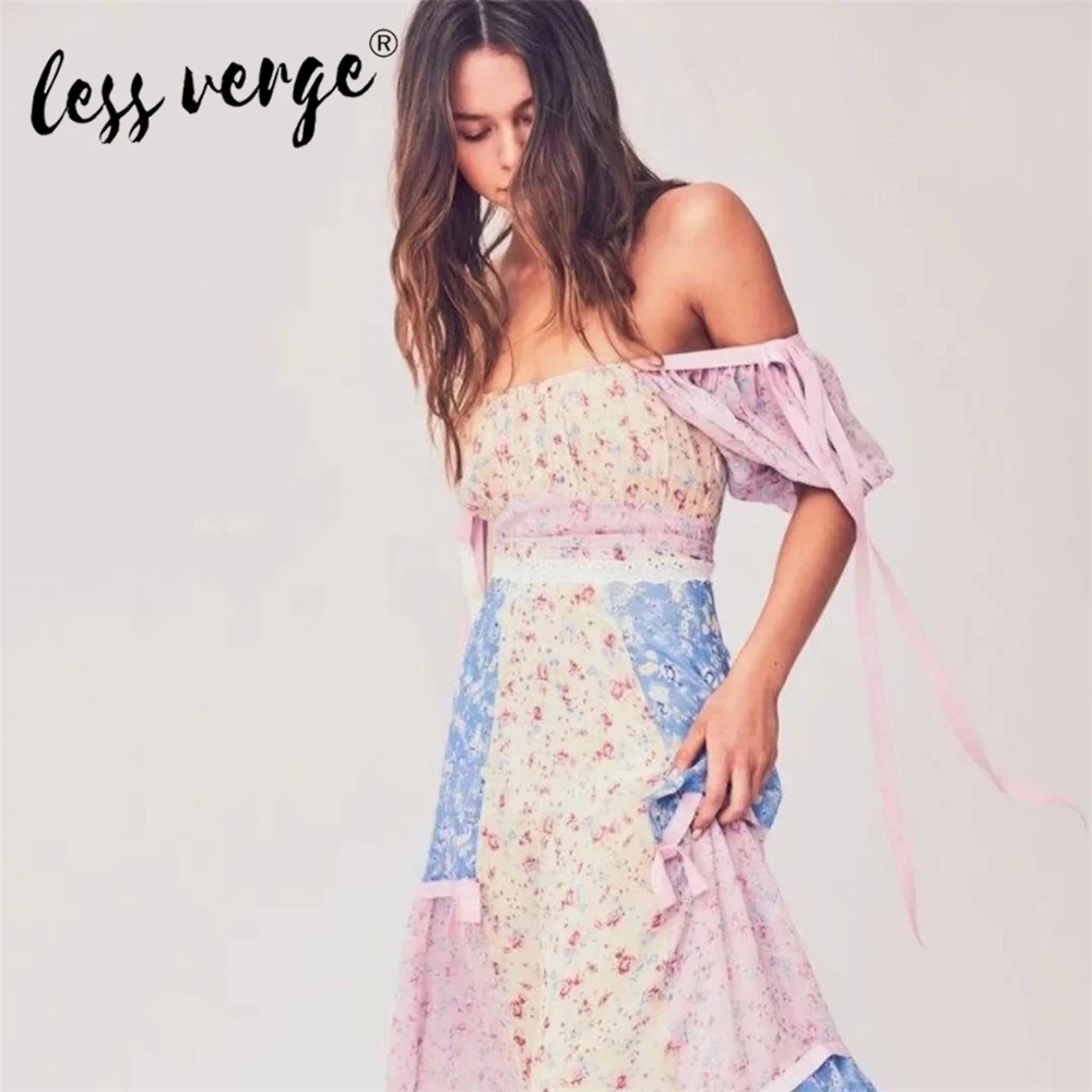

Lessverge New Fashion Women Maxi Bohemian Dress Lace Up Patchwork Short Sleeve Summer Dress Holiday Dress Off Shoulder Dress