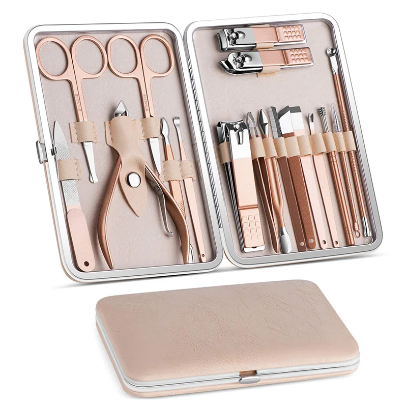 

7/10/12/15/18Pcs/Set Nail Kit Professional Set Rose Gold Stainless Steel Multifunction Manicure Set With Luxurious Travel Case