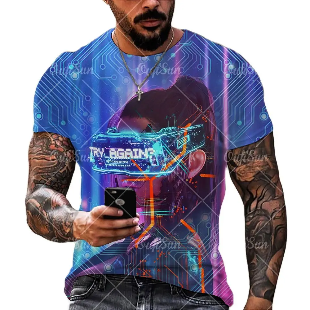 

Summer Men's Short-sleeved Sports T-shirt Large Size Round Neck Neon Chip 3d Printing Casual Street Punk Breathable Men's Clothi