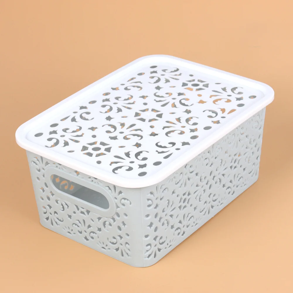 

Stackable Storage Box Hollow Out Delicate Retro Pattern Storage Basket with Lid for Clothes Cosmetics Papers Toys - Smal