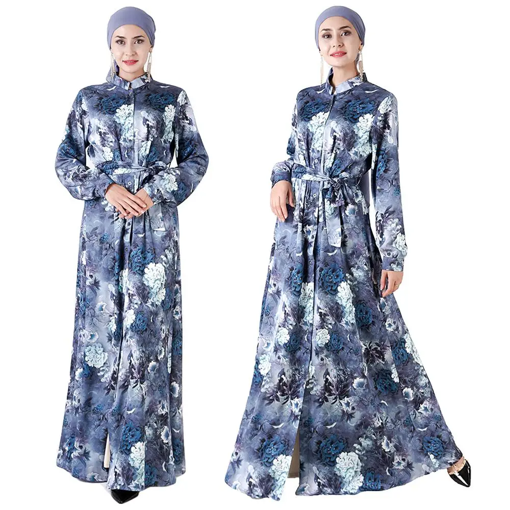 Абая для мусульманских женщин рубашка платье пуговицы спереди цветок Восточный