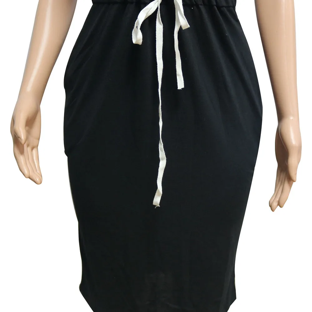 

SEBOWEL Casual Simple Lips Print Drawstring Dress for Woman Summer Short Sleeve T-shirt Dresses with Pockets Female Midi Dress