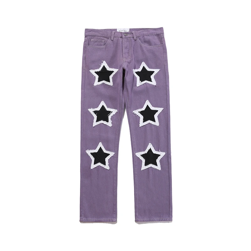 

Embroidery Stars Frayed Jeans Pants Men and Women Streetwear Washed Retro Casual Denim Trousers Hip Hop Casual Baggy Pants