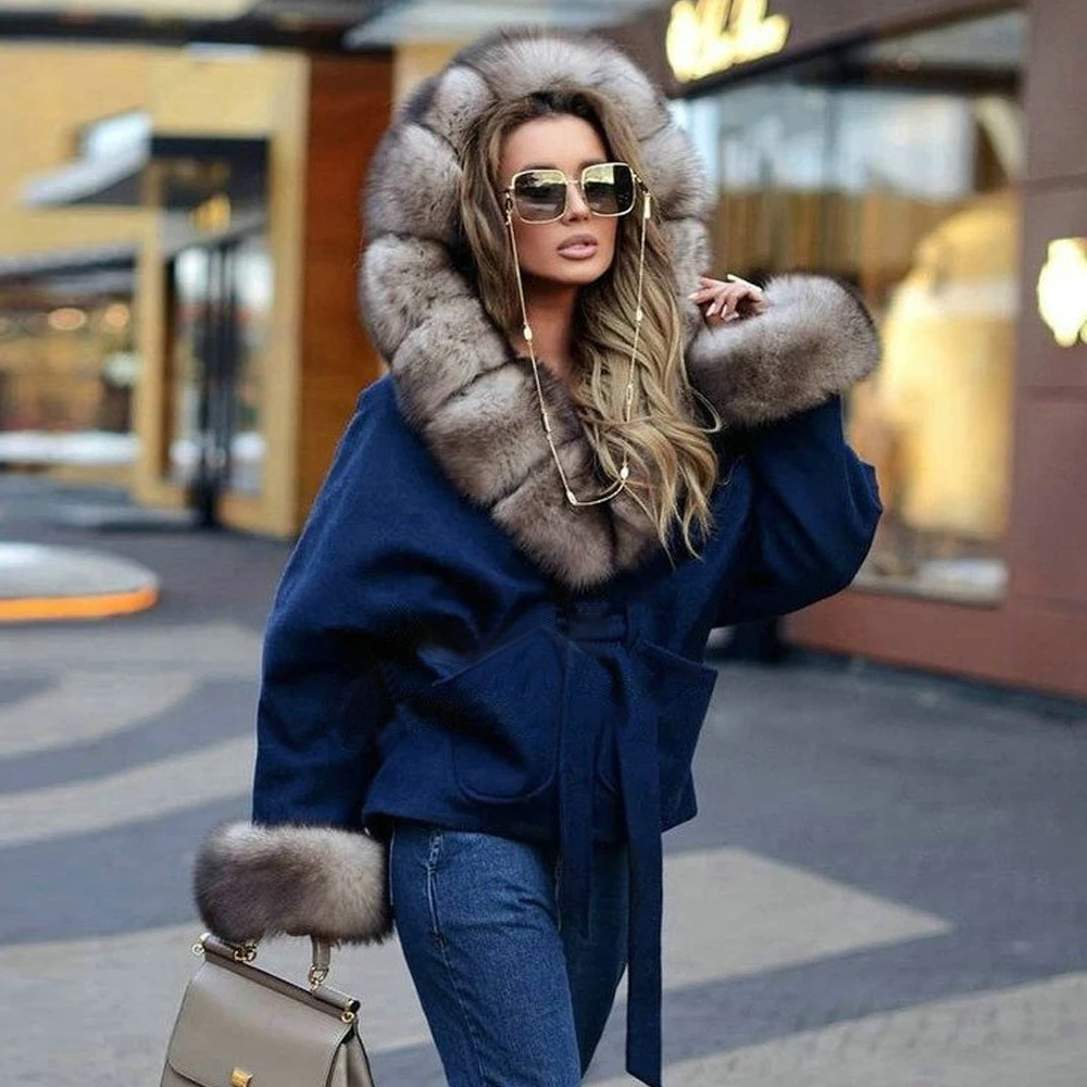 Navy Blue Cashmere Fur Coats Winter Fashion Women Genuine Fox Fur Wool Blends Coats with Hood Medium Length Fur Jackets Female enlarge