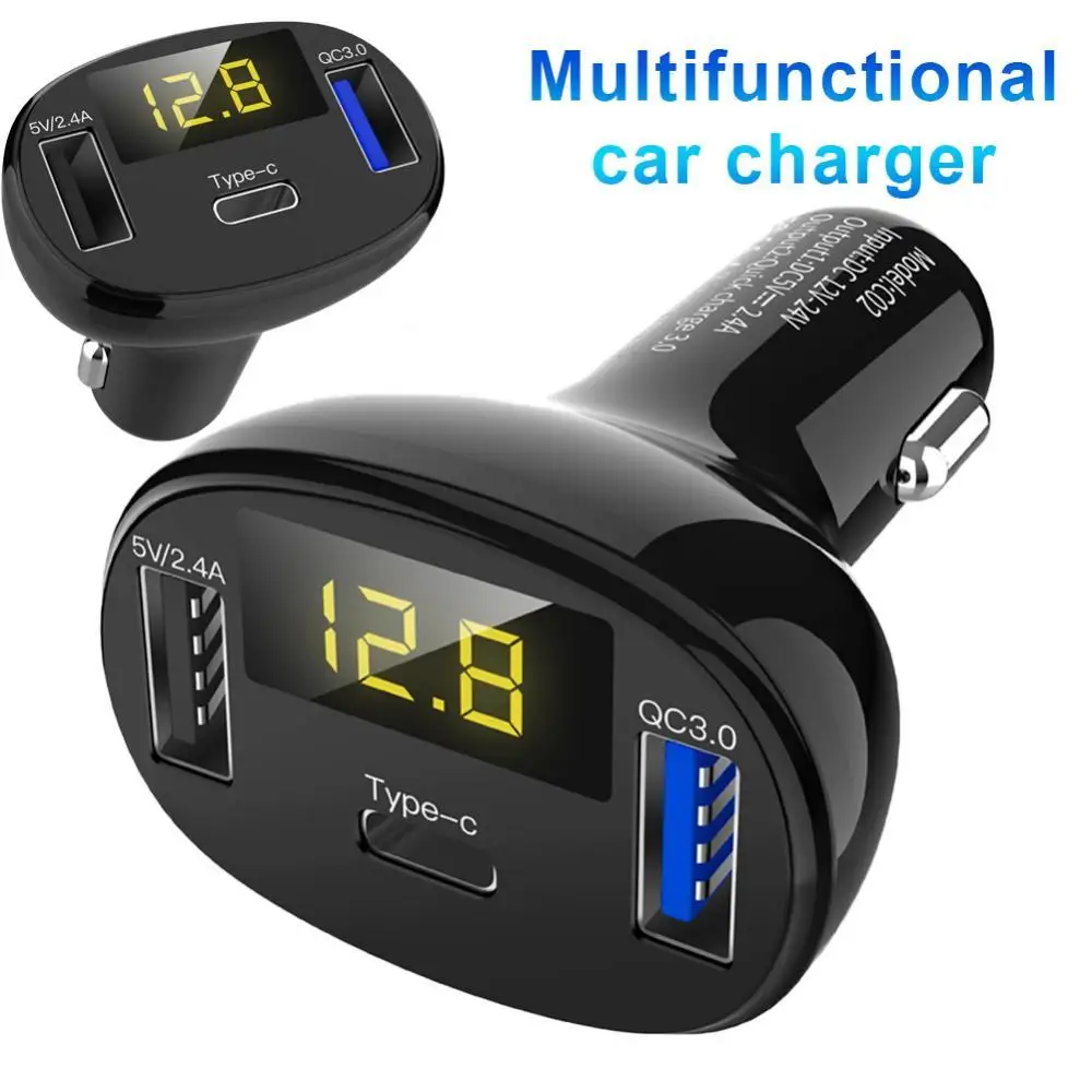 

C02 3 USB Ports Digital Display Type-c QCs 3.0 Fast Charging Car Phone Charger