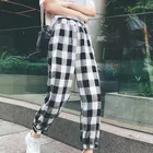 Женские шаровары в стиле Харадзюку, популярные свободные Модные осенние повседневные брюки на шнуровке, черные, белые клетчатые брюки, 2021