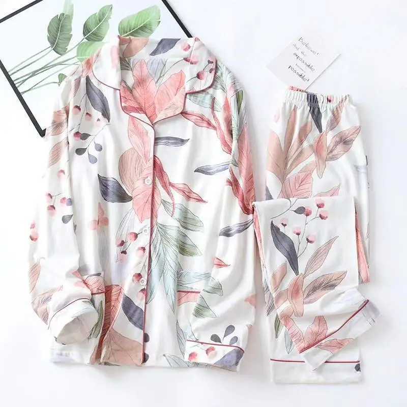 

2021 Spring Leaves Printed Women's Pajama Cotton Plus Size Two-piece Set Brief Fashion Long Sleeve Home Clothes Female Sleepwear