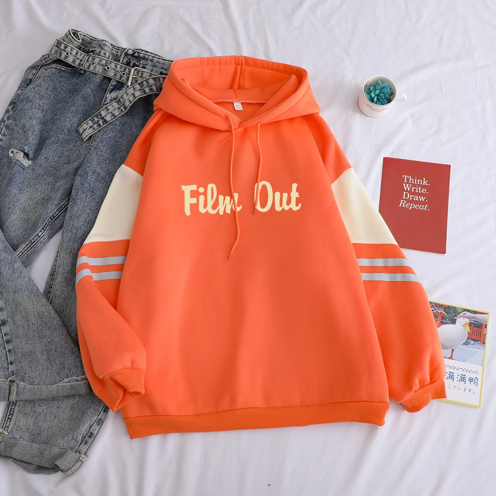 

FILM OUT Hoodie Women Spell Color Splicing Sweatshirts Casual Korean Bangtan Boys New Album Tops Loose Harajuku Creative Clothes