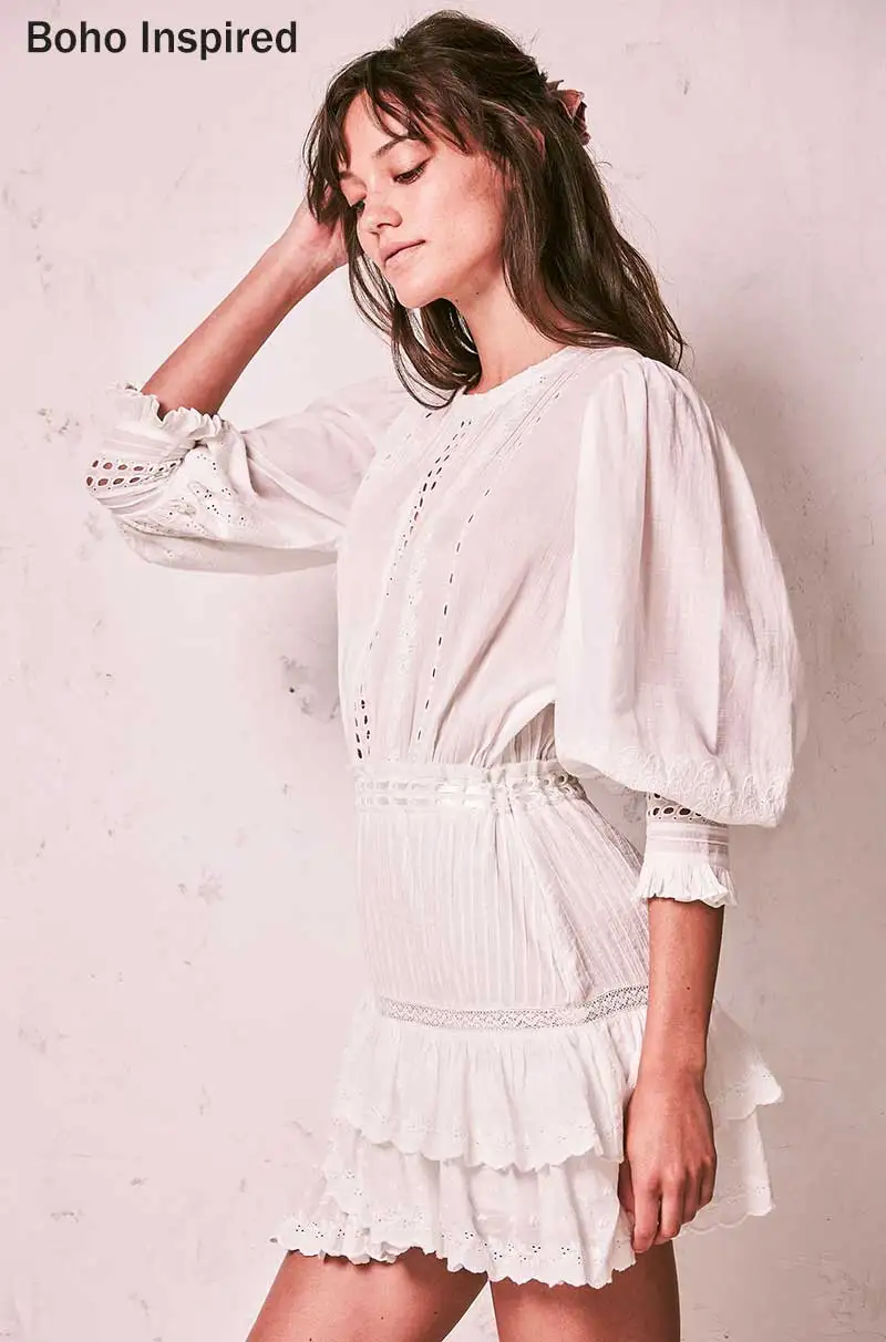 BOHO INSPIRED Lorelei tiered white party dress embroidery ruffle dress women O-neck lantern sleeve mini cotton boho dress