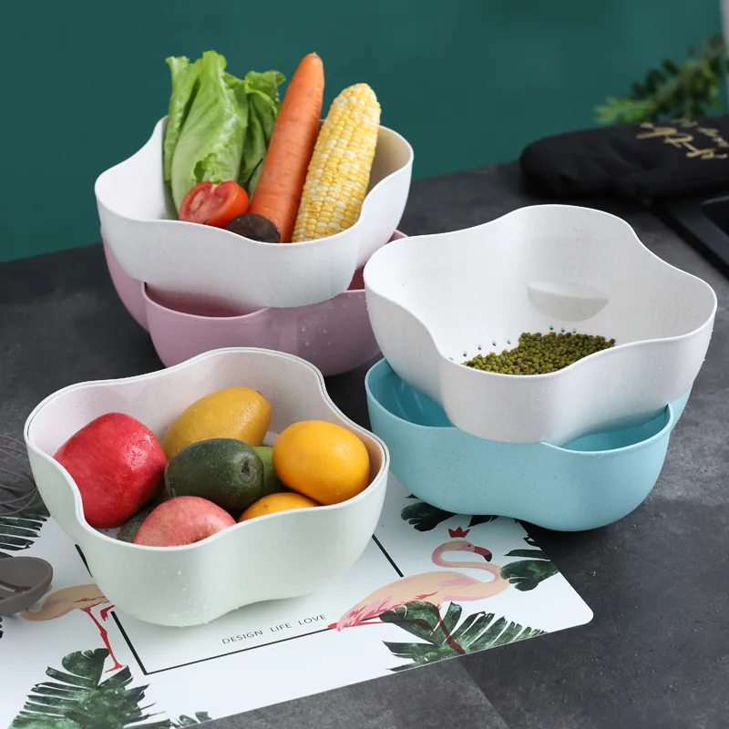 Double Drain Basket Bowl Washing Storage Strainers Bowls Drainer Vegetable Kitchen Colander Supplies | Дом и сад