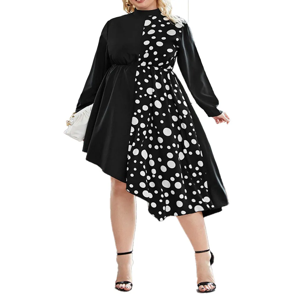 

Autumn New 2021 Plus Size Women's Dress Europe America Fashion Dots Splicing Round Neck Long Sleeve High Waist Irregular