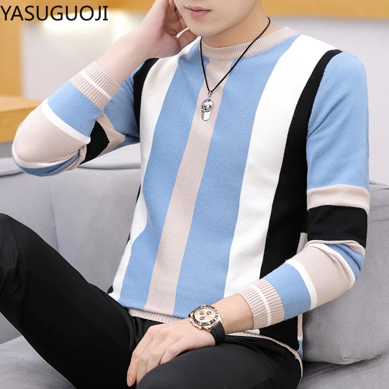 

YASUGUOJI Новый 2021 для мужчин на весну пуловер шерстяной Slim Fit полосатые трикотажные свитера Мужская брендовая одежда свободного покроя тянуть ...