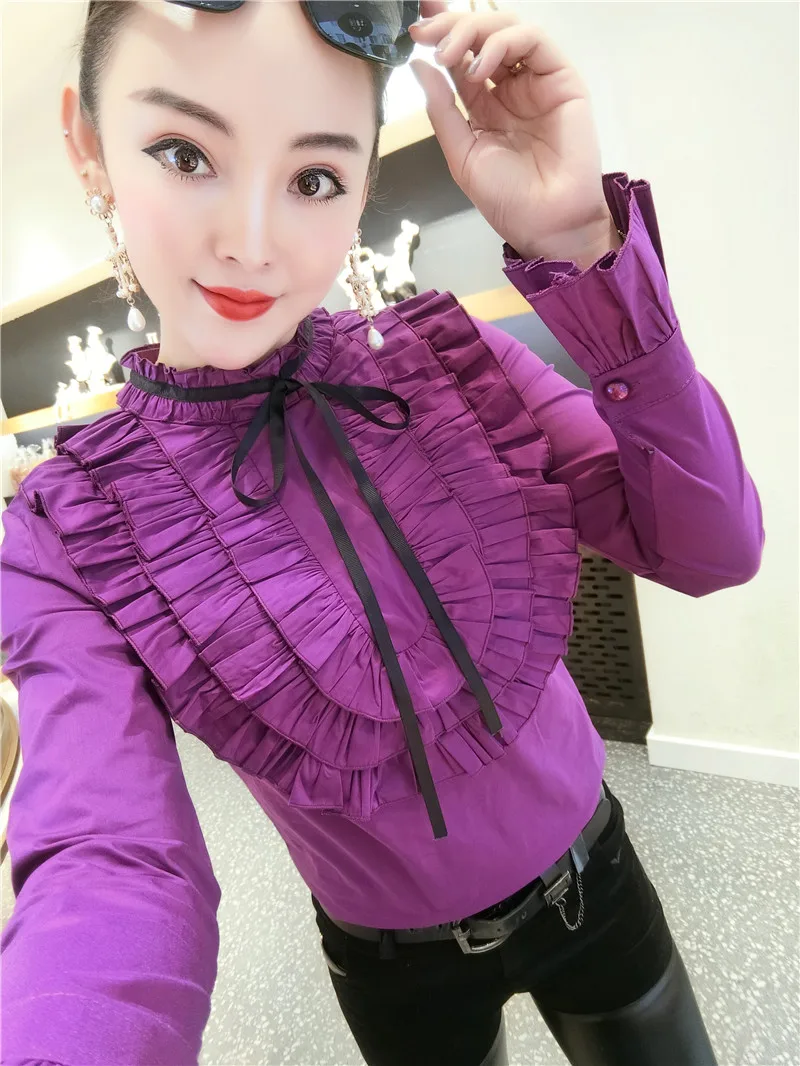 2021 Spring Long Seeve Ruffles Cotton Shirts Women Office Work Layers red Sweet Blouse Tops | Женская одежда