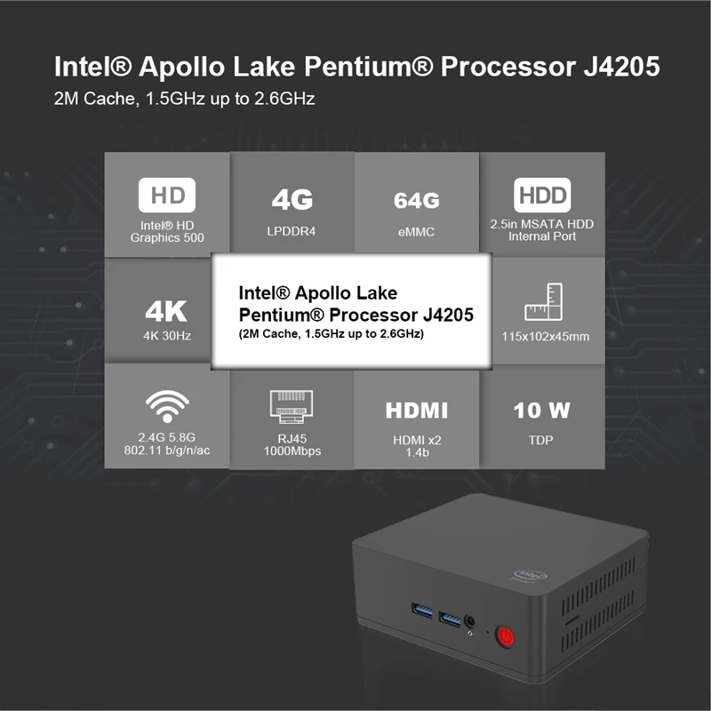 Ap45 Win10 Мини ПК Intel Pentium J4205 до 2 6 ГГц Ram Ssd Windows 10 Dual Hdmi 4Xusb3. 0 Gigabit Lan 4K Htpc Nuc|Мини ПК| |
