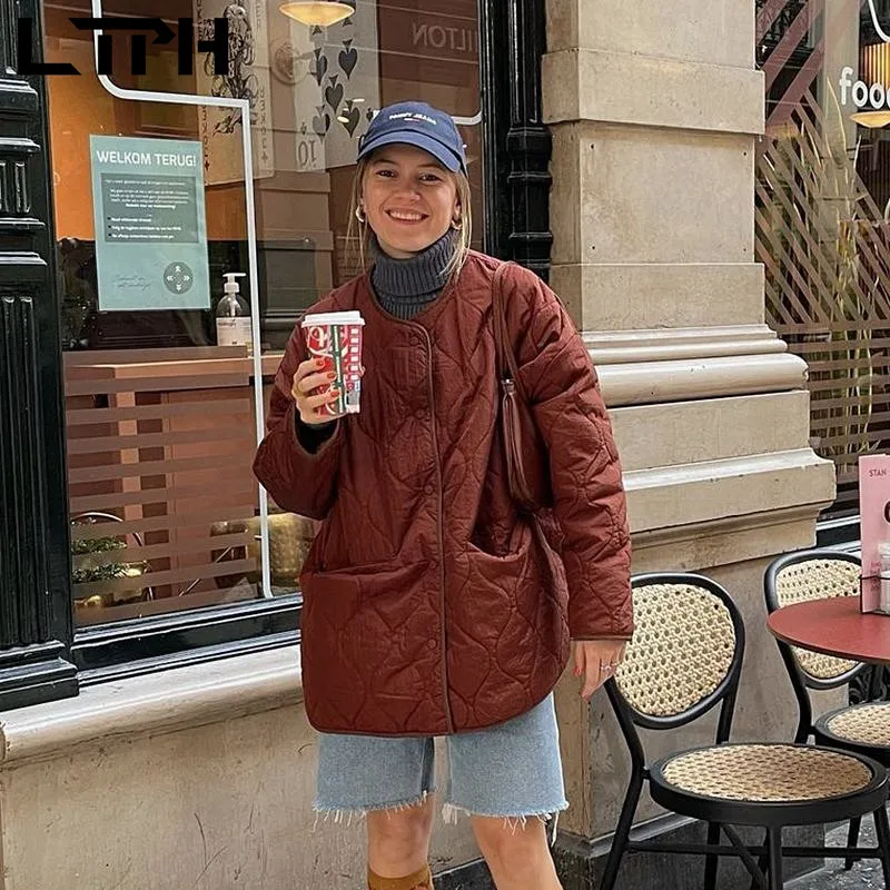 LTPH Brick red women parkas loose warm puffer jacket long sleeve single breasted vintage streetwear casual coat 2022 spring new