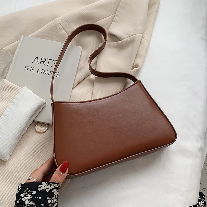 

Cute Solid Color Small PU Leather Baguette Underarm Shoulder Bags for Women 2021 Summer Simple Handbags and Purses Travel Totes