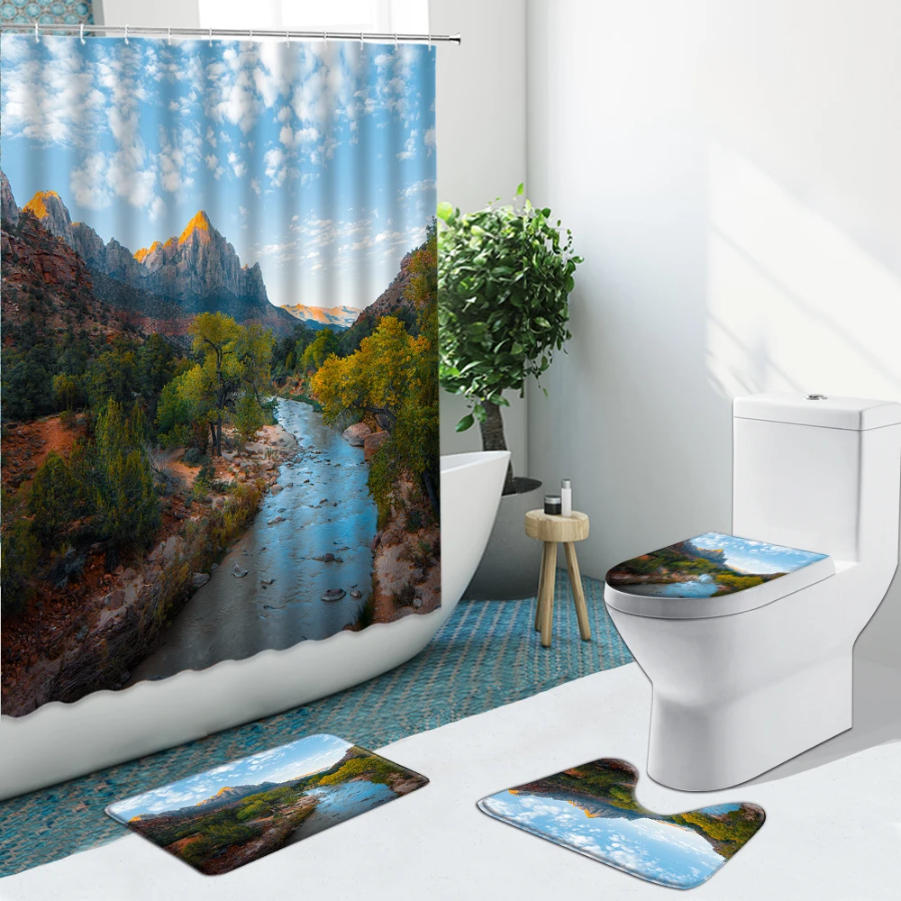 Занавеска для душа с изображением природного леса горного водопада Нескользящие