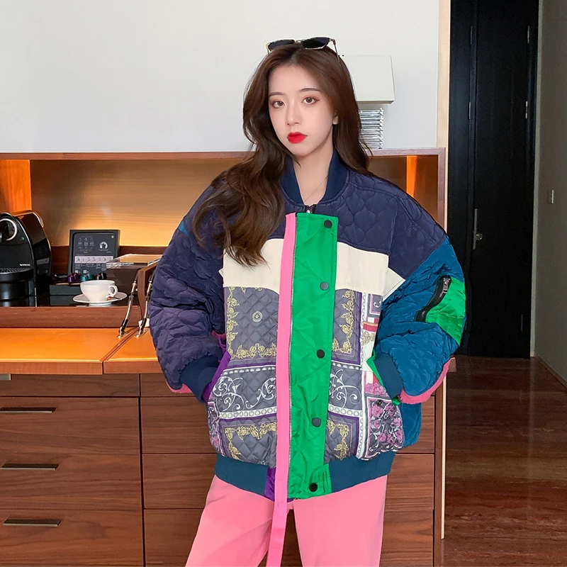 

casual baseball jacket women hold zipper winter color blocked cotton stand collar loose baseball uniform female chic patchwork