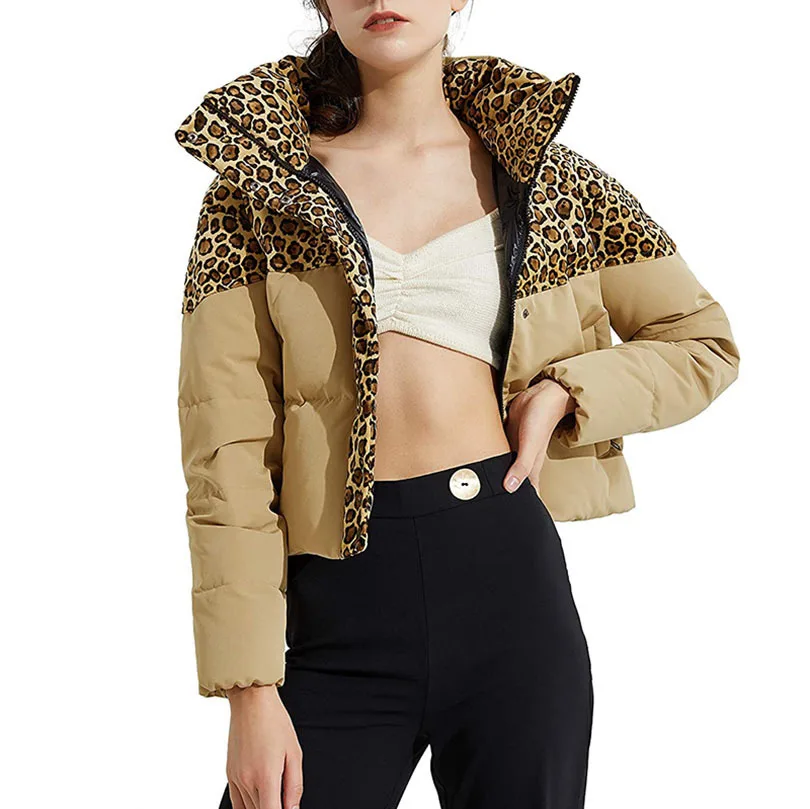 

Winter Warm Jacket Women 2021 New Women's Padded Jacket Leopard Print Stitching Long-Sleeved Pocket Zipper Cotton-padded Jackets