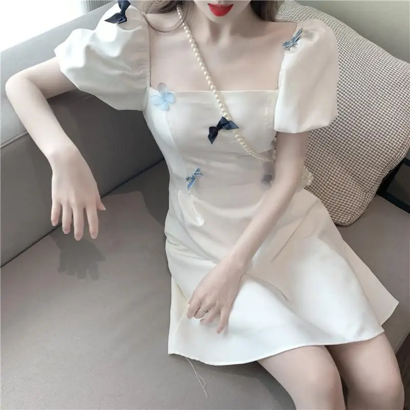 

Korean Summer Temperament Dress Retro Square Collar Short Sleeve Dress Sweety Stereoscopic Butterfly Bow Loose Dresses Vestidos