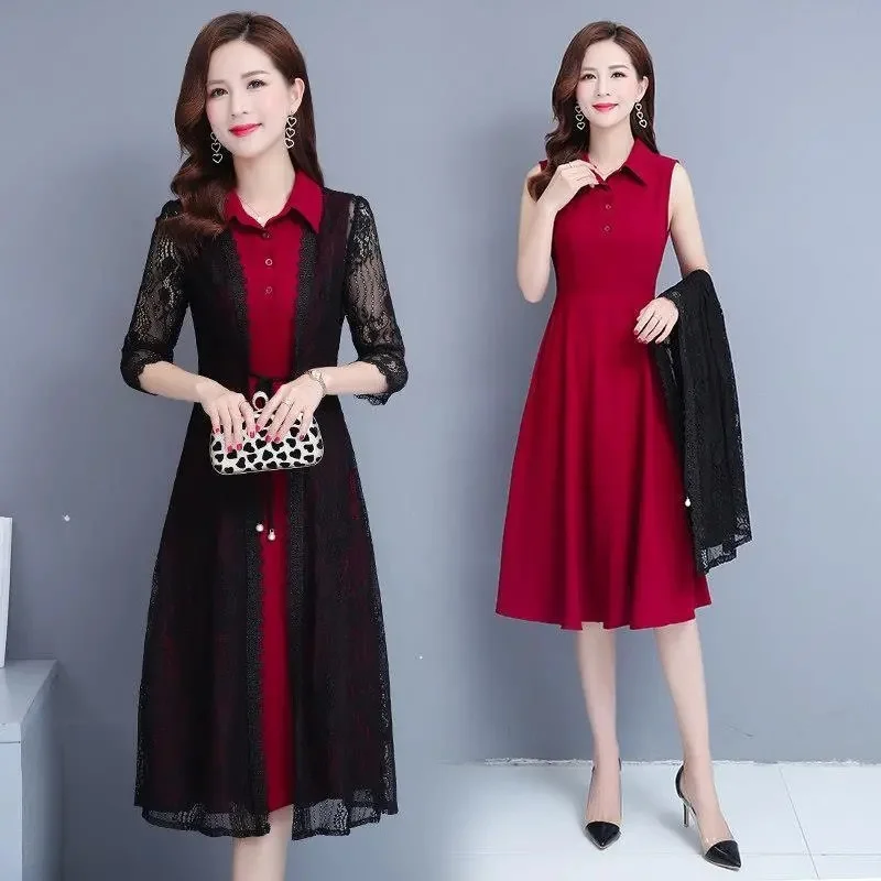 

Suit Dress Sets Mother 2021 Summer New Temperament Chiffon Lace Shawl And Polo Collar Dresses Two Piece Sets Women Elegant