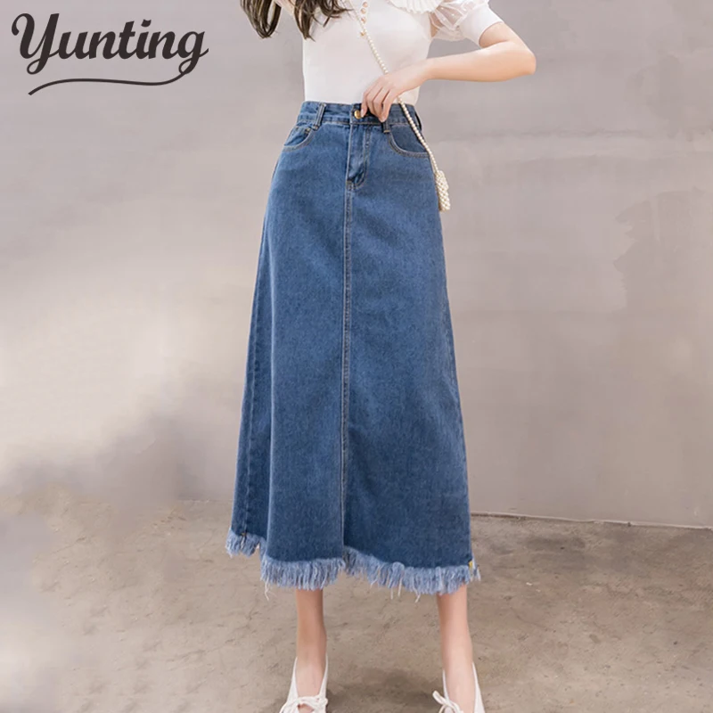 

Размера плюс женская джинсовая юбка Новинка весны Летняя женская юбка с высокой талией синего цвета