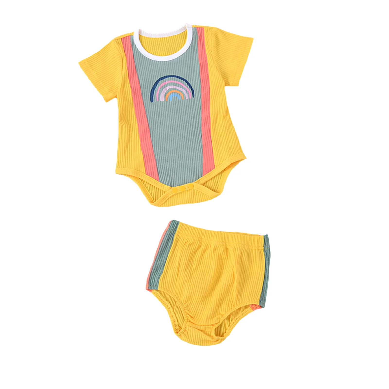 

2Pcs Baby Summer Tracksuits, Match Color Rainbow Short Sleeves Romper + High-Waist Shorts for Toddler Girls, Boys, 0-24 Months