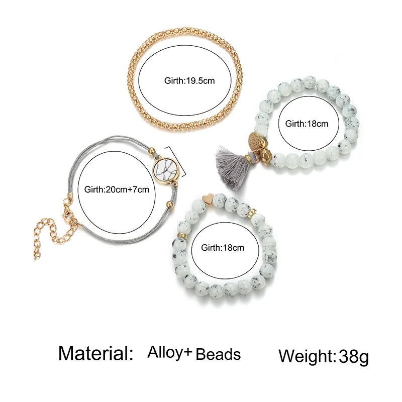 Simple and creative geometric hollow metal round piece turquoise love tassel pendant bracelet four-piece set | Украшения и