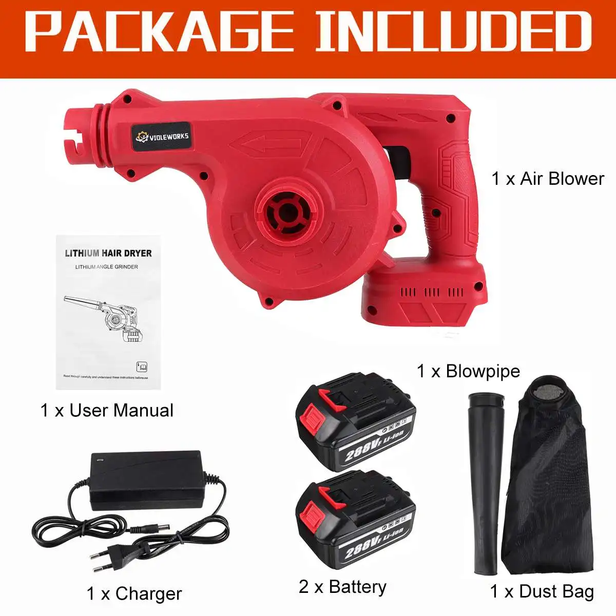 

2 In 1 Cordless Air Blower 288V 1500W 19000R/Min Electric Suction & Blowing Leaf Dust Collector Cleaner For Makita 18V Battery