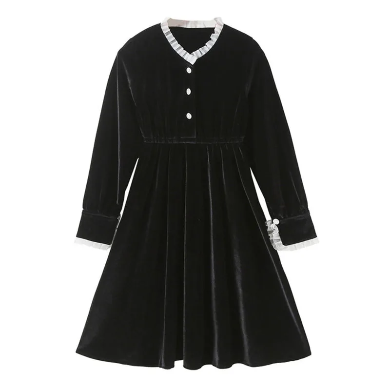 

Teen Kids Autumn Dresses Velvet Girls Midi Dress Long Sleeve 2022 New Children Black Party Velour Clothes Baby