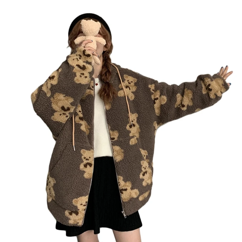 

Women Fuzzy Plush Warm Hoodie Jacket Cartoon Bear Print Zip Up Oversized Coat N58F