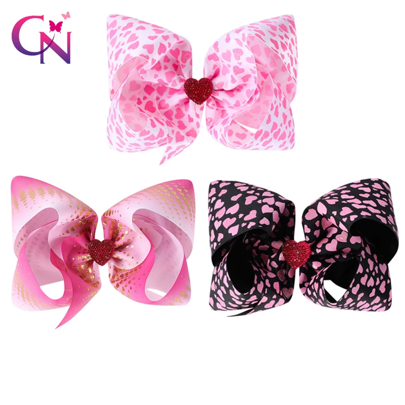 

CN 3pcs/lot 7" Valentine Hair Bows For Girls Kids Glitter Heart Printed Hair Clips Hairgrips Valentine Gift Hair Accessories