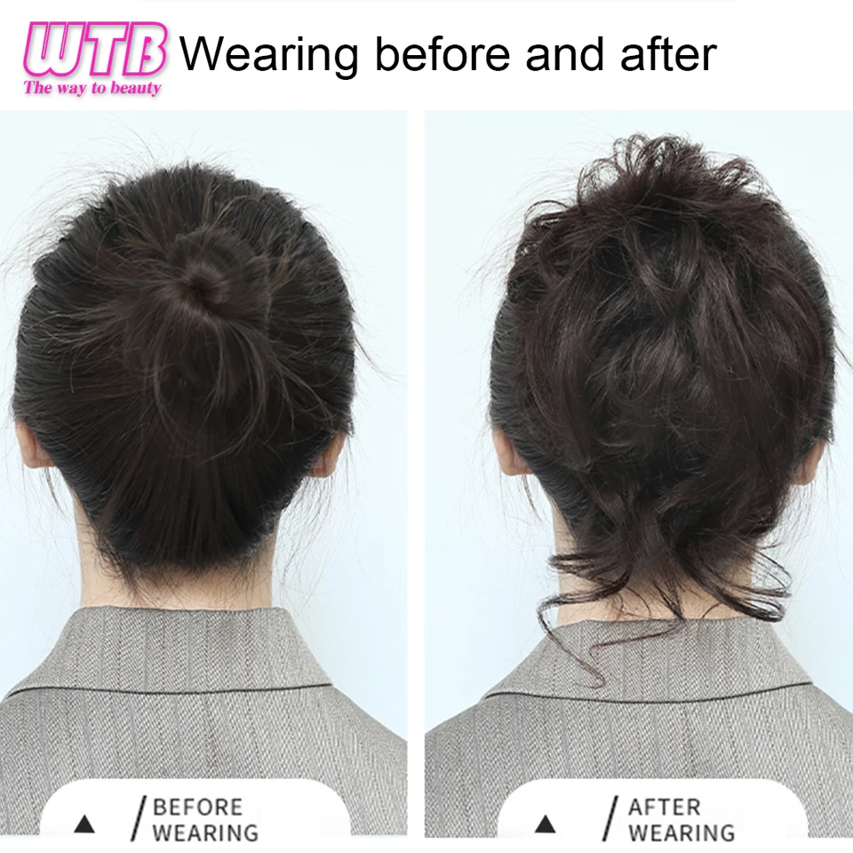 WTB Synthetic Messy Bun Scrunchie Wavy Chignon with Elastic Hair Bands for Women Chignons Black Short Ponytail Hair Extensions