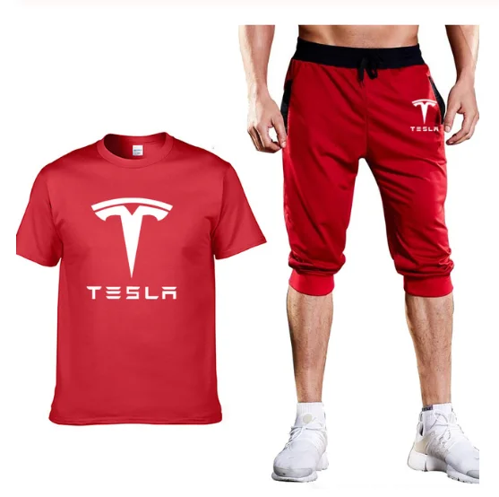 

2021 NEW Summer Men's Suit for Tesla Car Logo casual Solid color Cotton Crew neck Short Sleeve Mens T-Shirt+Pants Suit a233