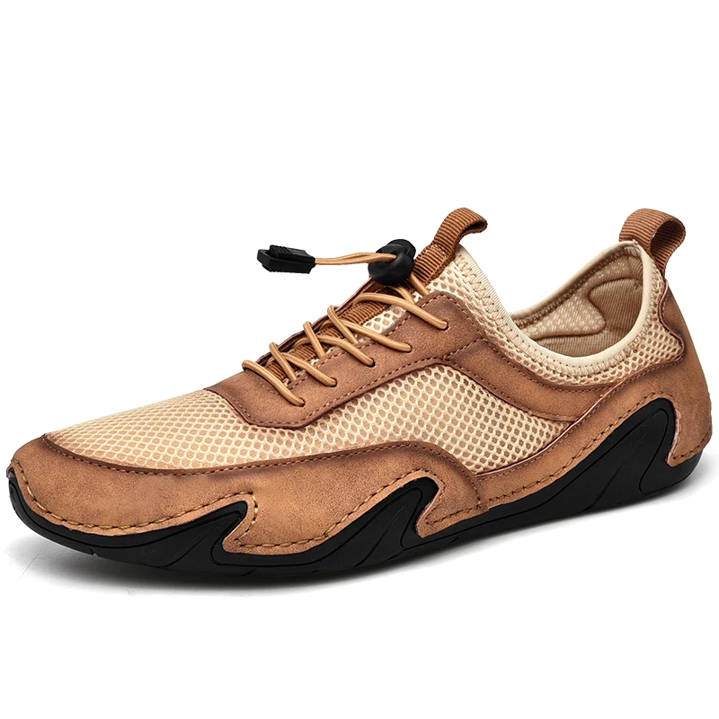 

2021 Summer New Men's Leather Mesh Stitching Shoes Fashion Breathable Moccasins Loafer Outdoor Lightweight Casual Shoes Big Size
