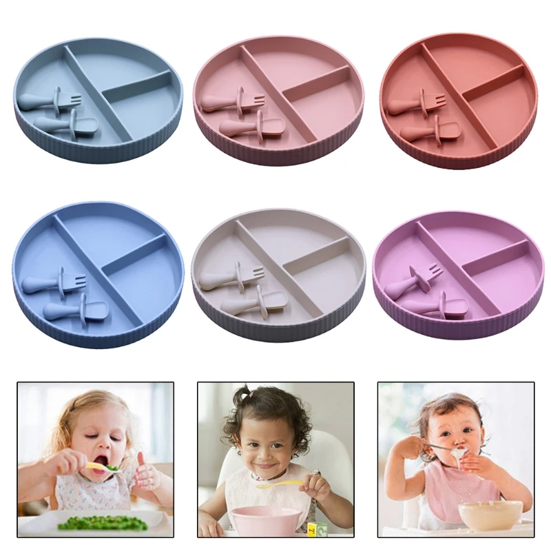 

Baby Training Feeding Food Bowl Spoon Fork Set Anti Slip Silicone Suction Divided Plate Tray Utensil BPA-Free Dishes Tableware