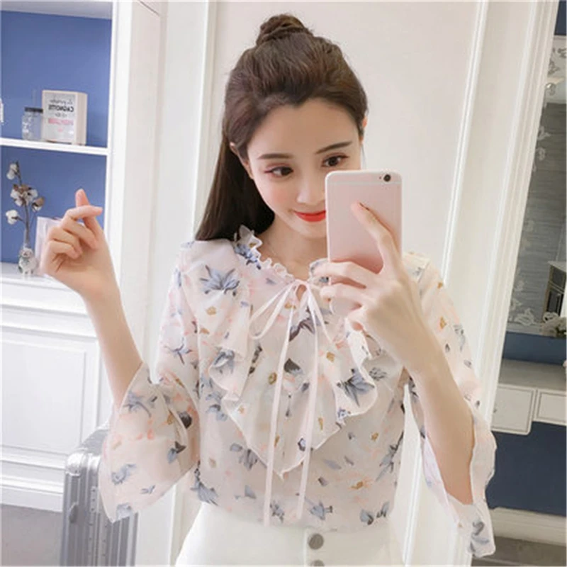 Summer Fashion Womens Tops and Blouses Sweet Flower Print Chiffon Blouse Ladies Elegant Shirts Work Clothing LWL445