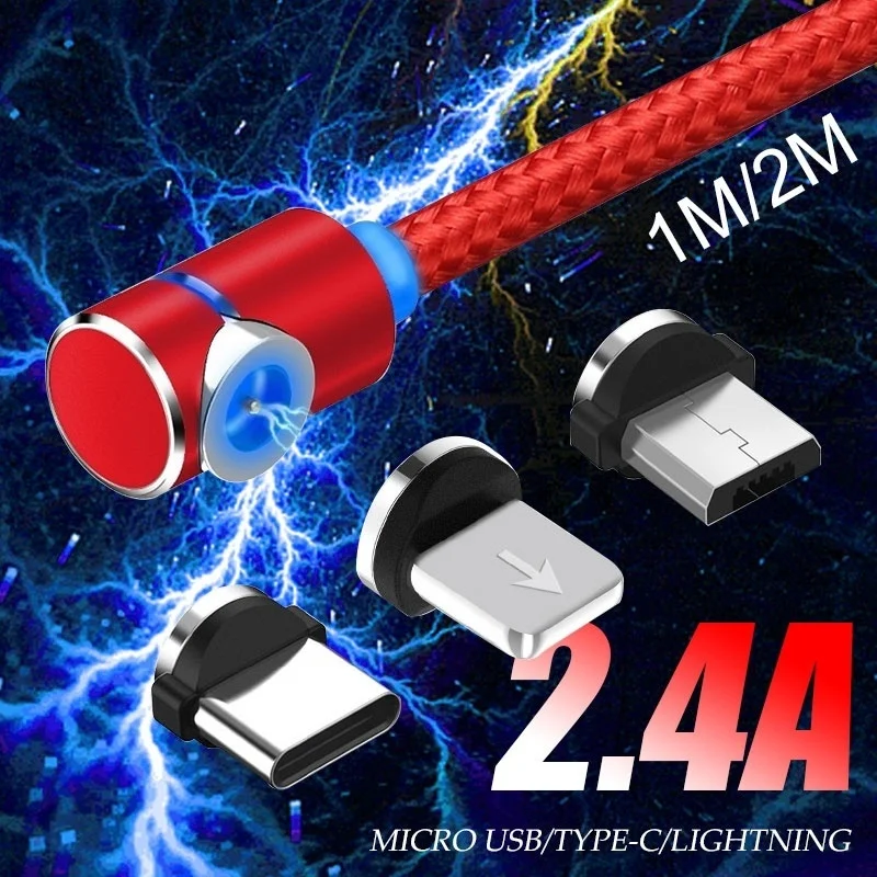 90 градусов светодиодный Micro USB кабель Магнитный зарядный для IPhone XR samsung Xiaomi usb type C
