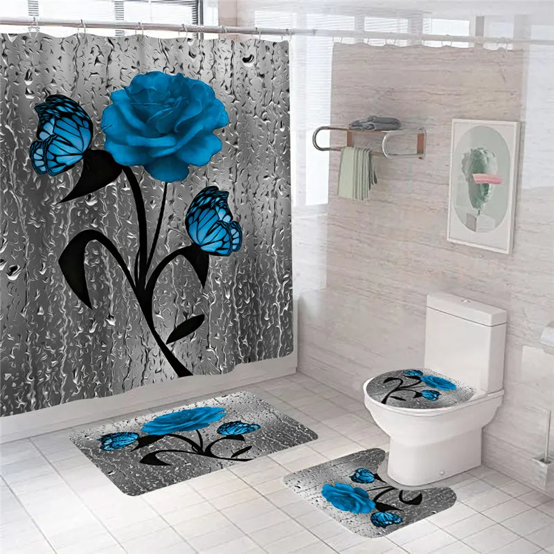 

Blue Flower Butterfly Shower Curtain Bathroom Non-slip Mat Set Durable Waterproof Pedestal Rug Lid Toilet Cover Bath Mat Rugs