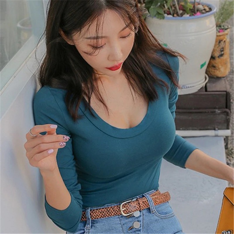 Новая весенняя Сексуальная футболка Женская эластичная в Корейском стиле