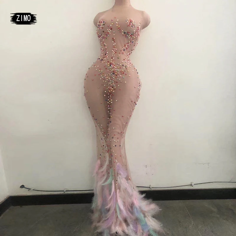 Sexy Rhinestones See Through Mesh Mermaid pearl Long Dress Women Halter sheer birthday Party pink Feathers Singer Stage Clothing