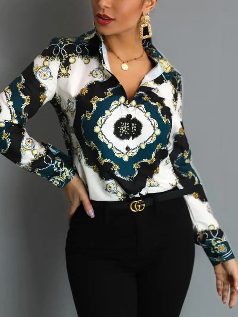 Женская офисная блузка с цветочным принтом Элегантная стильная рубашка длинным