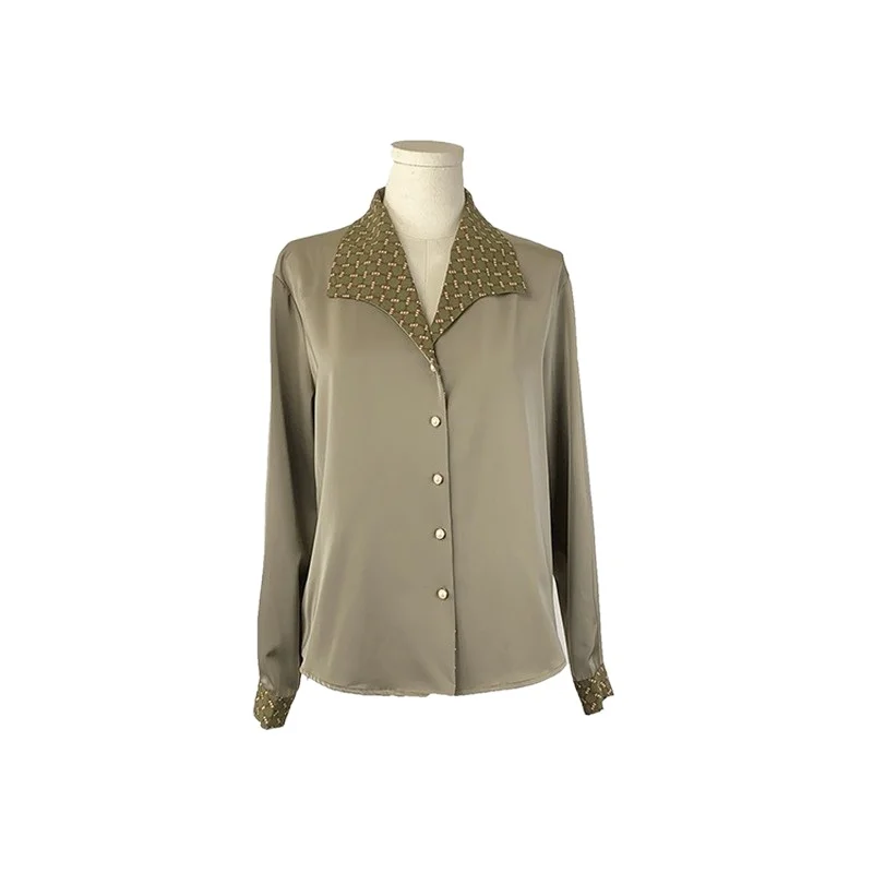 

European and American Chiffon Shirt Women's Color Matching Drape Satin Blouse Lapel Shirt2021 Shirts for Women Women Sexy Tops