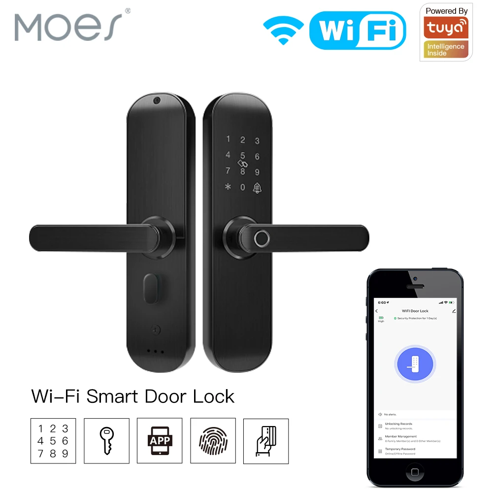 

Moes WiFi Tuya Smart Door Lock Multiple Unlocking Fingerprint Lock with Smart Life APP Password RFID Door Lock Battery Powered