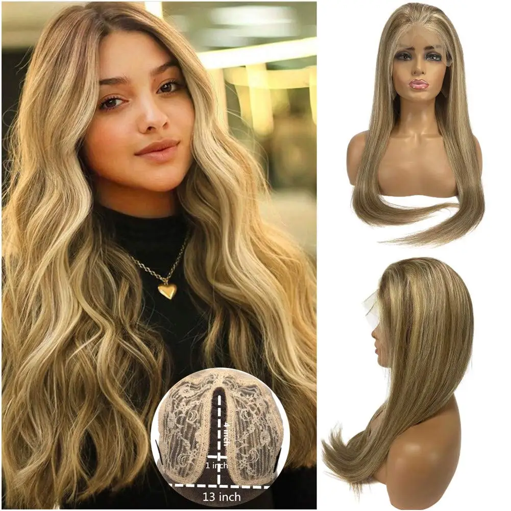 Straight Blonde Highlights 13x1 Lace Front Wigs Ombre Balayage Glueless Pre Plucked T Part Frontal Bleached Knots Human Hair Wig