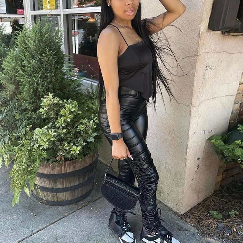 

Women PU Leather Leggings Black Leather Pencil Pants Sexy High Waist Trousers
