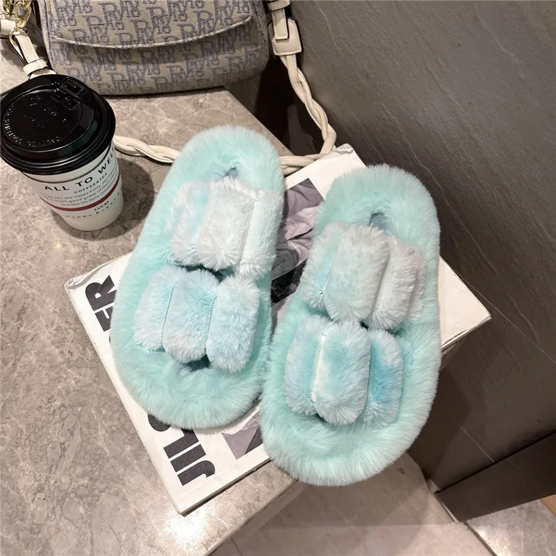 Chaussure Femme Slippers Casual Flock Flat Shoes Female Slides Platform Fur Flip Flops Women Luxury Soft Plush 2021 Basic Indoor