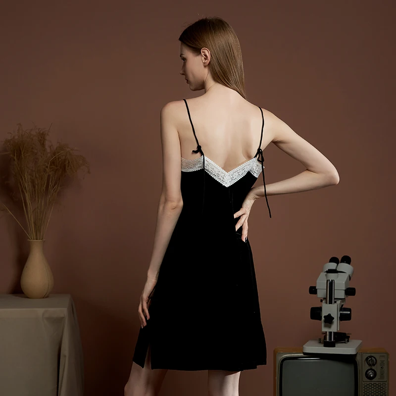 New Sexy Winter Stylish Women Velvet Lace Elegant Backless Nightwear Design Pajama Comfortable Strap High Quality Dress Homewear