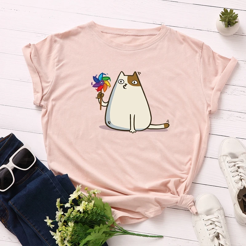 

100% Cotton Women T-shirts Graphic Tees Female Shirts Summer Tops Fat Cat Windmill Printed Funny T Shirt Aesthetic Clothes