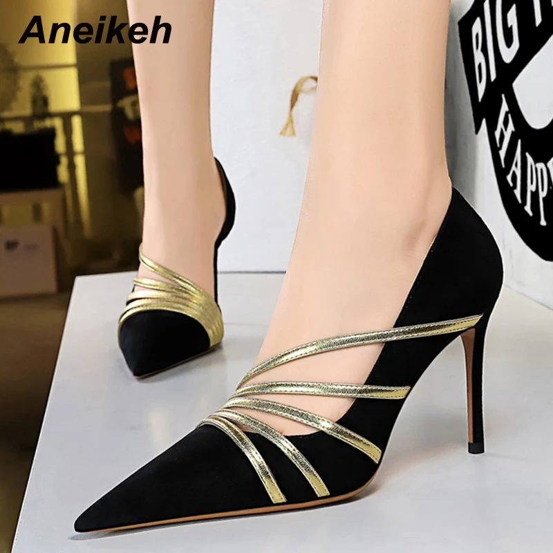 

Aneikeh Elegant Goddess Shallow Gold Light Narrow Band Shoes Women Summer 2022 Slip-On Thin Heels Pumps Pointed Toe Flock Mujer